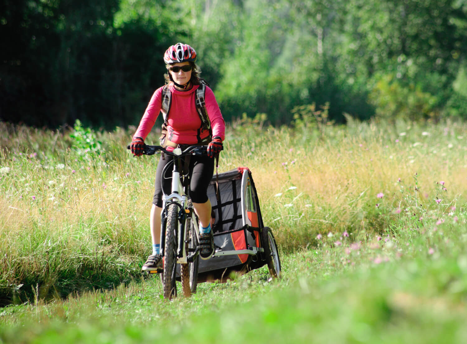 En cyklist som cyklar med en cykelvagn i naturen